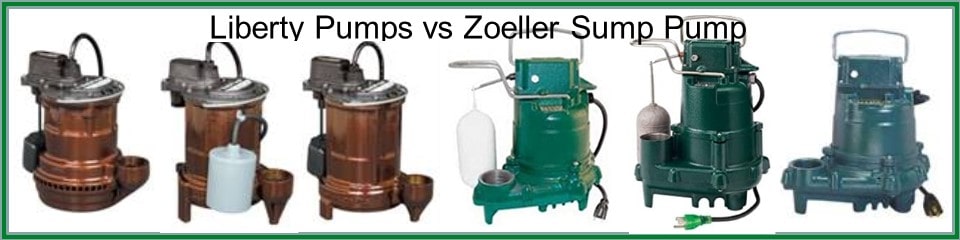 Pictured are Liberty and Zoeller Pump Company Sump Pumps. Look at Liberty Pumps vs Zoeller sump pumps and see the difference. 